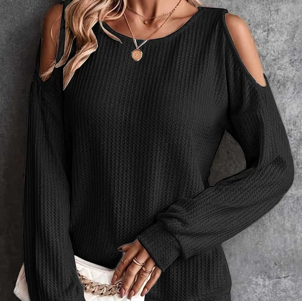 New Off-the-shoulder Back Buttoned Long Sleeve T-shirt Top Women's Clothing