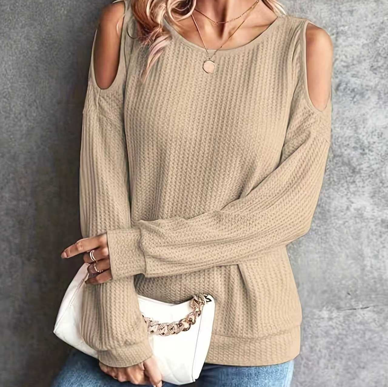 New Off-the-shoulder Back Buttoned Long Sleeve T-shirt Top Women's Clothing
