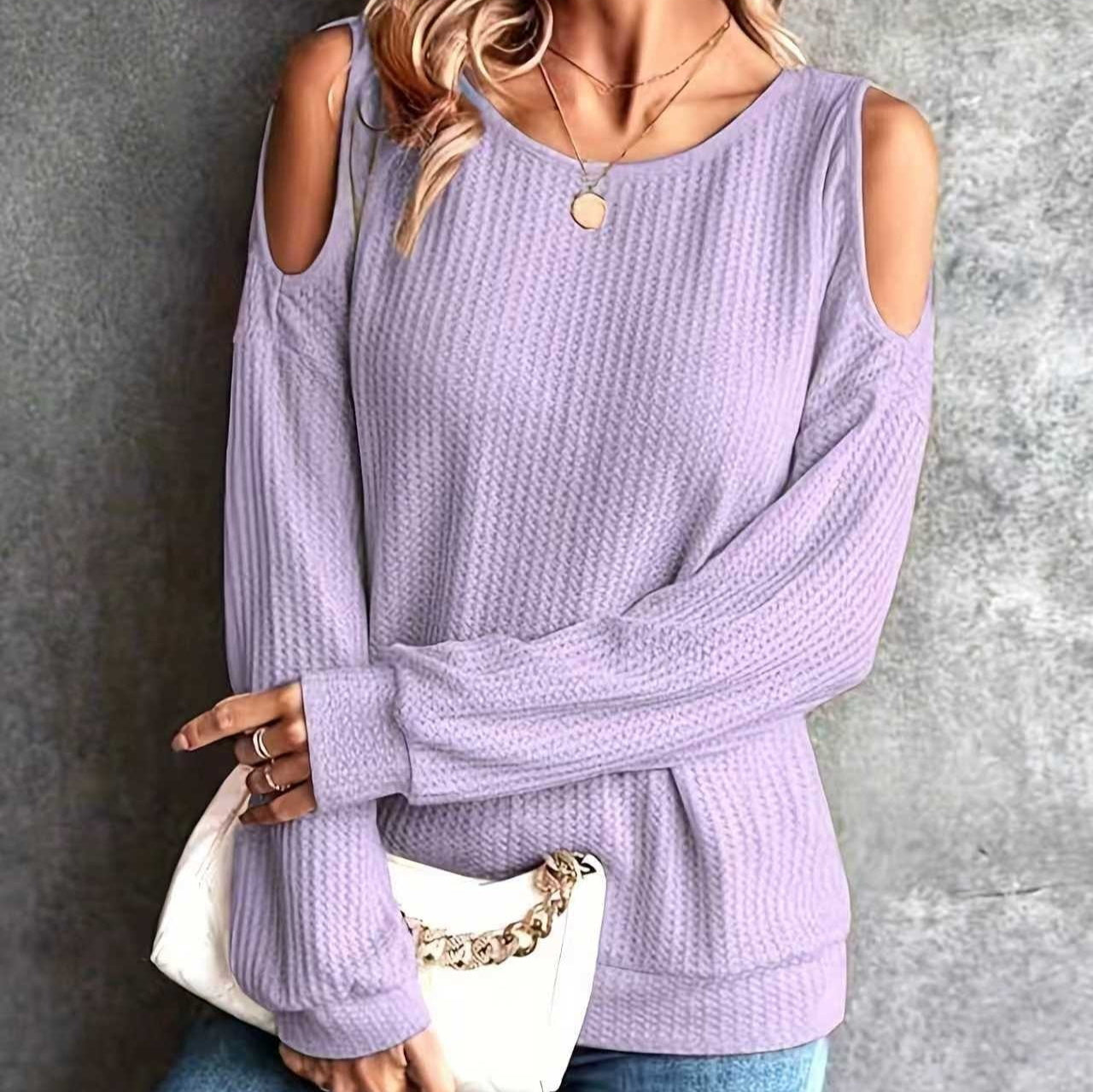 New Off-the-shoulder Back Buttoned Long Sleeve T-shirt Top Women's Clothing