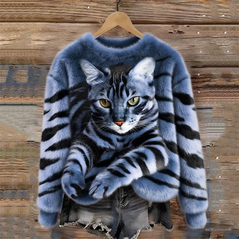 Womens AutumnWinter Cat Crew-Neck Sweatshirt