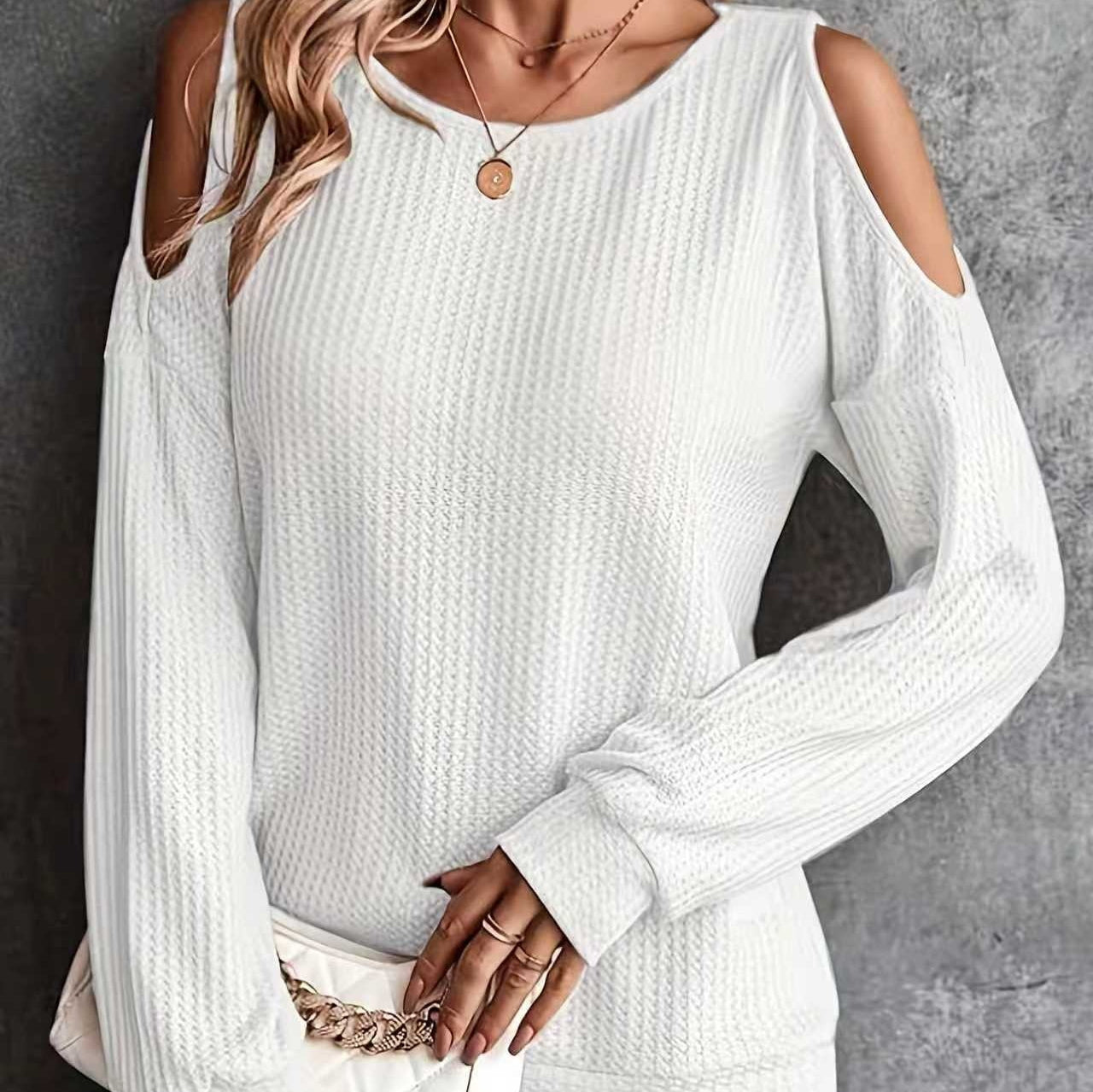 New Off-the-shoulder Back Buttoned Long Sleeve T-shirt Top Women's Clothing